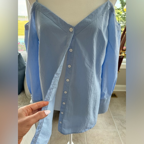 Lulus Work From Home Light Blue Poplin Button-Down Off-the-Shoulder Top Sz M - Picture 4 of 12